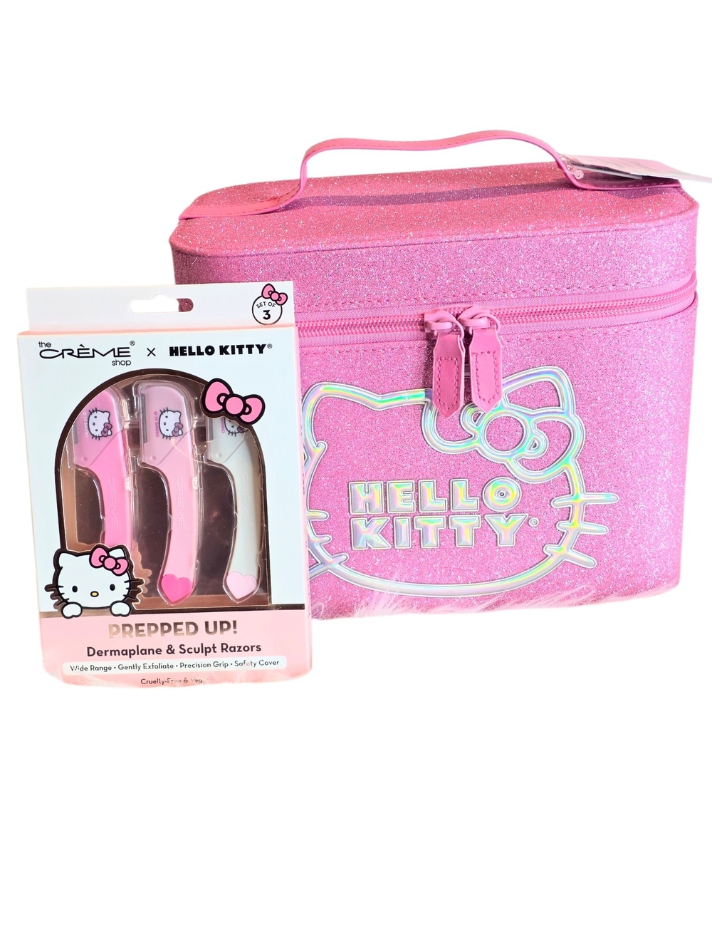 Hello Kitty 2 Pcs Pink Glitter Cosmetic Case with Pink Prep 3 Razors Set NWT 🎁